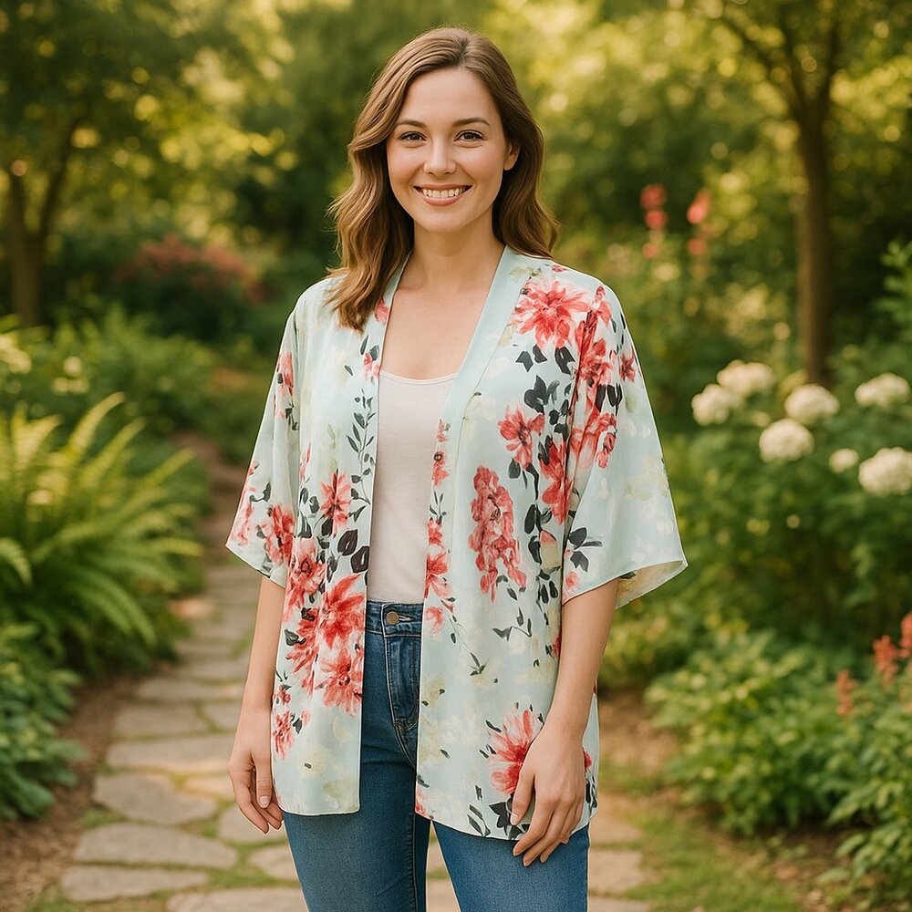 🌸Floral Kimono Cardigan – Lightweight Sheer Layer – Pastel Garden Print – XL - Picture 3 of 10